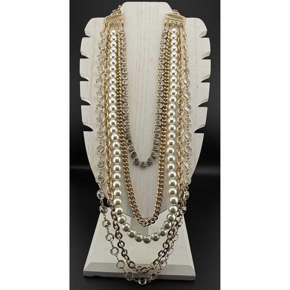 Off Park Collection Necklace OPC Gold Tone Multi-Row White Crystal Pearl Chain